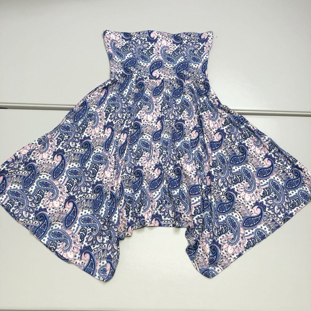 Express Strapless Knit Dress Women M Pink Blue Paisley Asymmetrical Hem Stretch